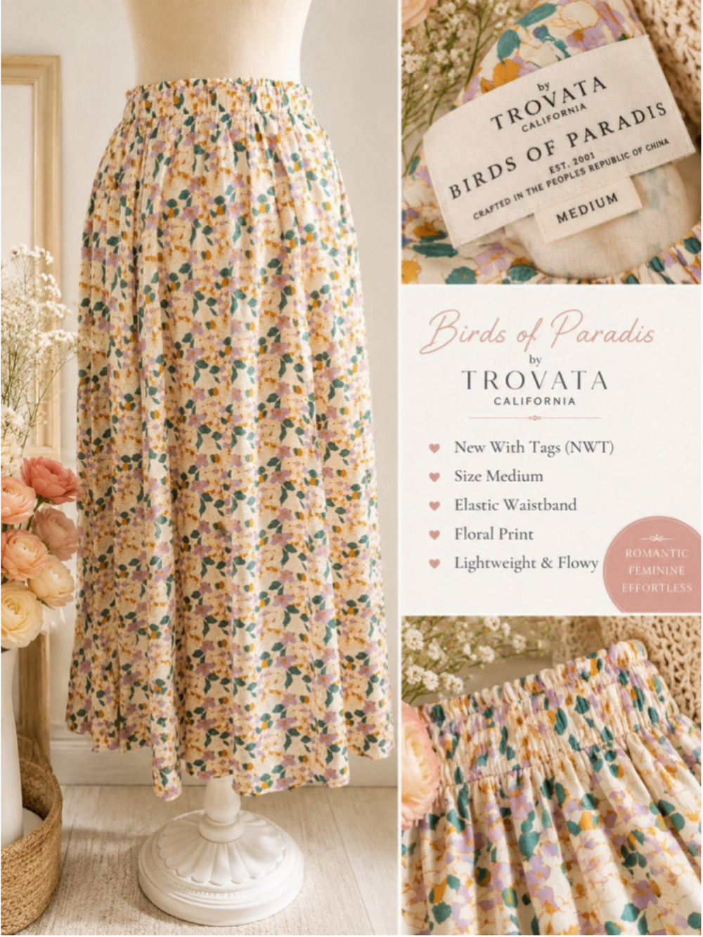 Trovata Birds of Paradis Floral Midi Skirt NWT Medium Cottagecore Boho
